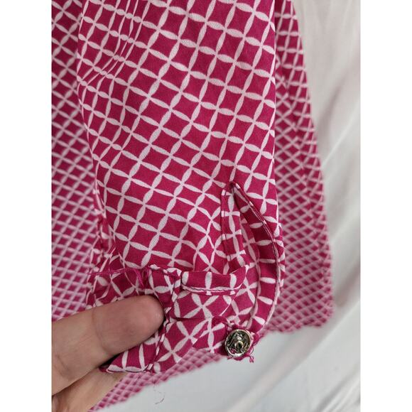 ANA Tunic Blouse M Pink Printed Hi Low V Split Neck Tie Front Office Relaxed Fit - Picture 4 of 12